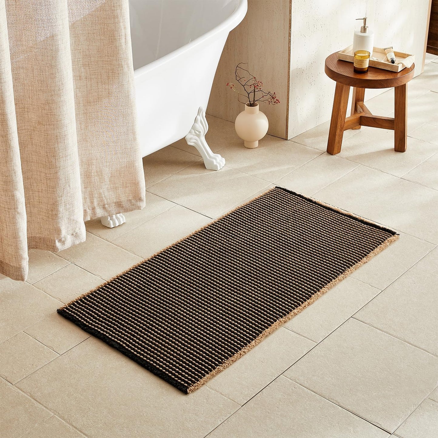 Waffle Bath Mat, Boho Bathroom Rugs Non Slip Washable Super Absorbent Quick Dry Bath Mat Farmhouse Bathroom Decor, 48"x24" Khaki and Black