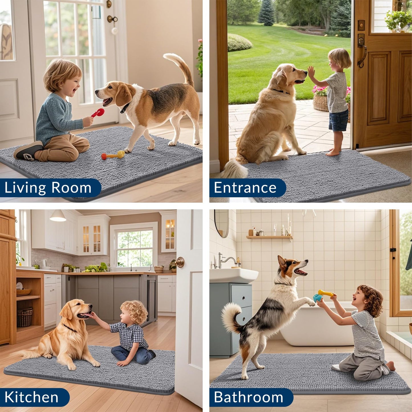 Smiry Dog Door Mat for Muddy Paws 48x30, Absorbs Moisture and Dirt Doormat, Non-Slip Washable Quick Dry Chenille Front Door Mat Indoor Entrance, Entryway Carpet for Inside Floor, Grey