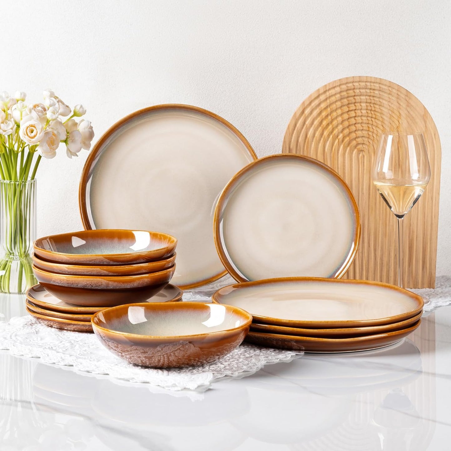 LeRatio Ceramic Dinnerware Sets for 4,Wavy Reactive Glaze Stoneware Plates and Bowls Sets,Highly Scratch Resistant | Dishwasher & Microwave,Oven Safe Dishes Set(12PCS)