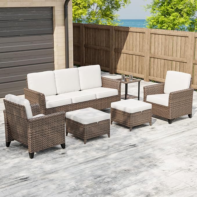 COOS BAY Harbor Retreat 6 Piece Outdoor Furniture Set, Patio Conversation Set with Patio Chairs, 3 Seat Couch, Side Table and Ottomans, Wicker Furniture, Brown/Beige