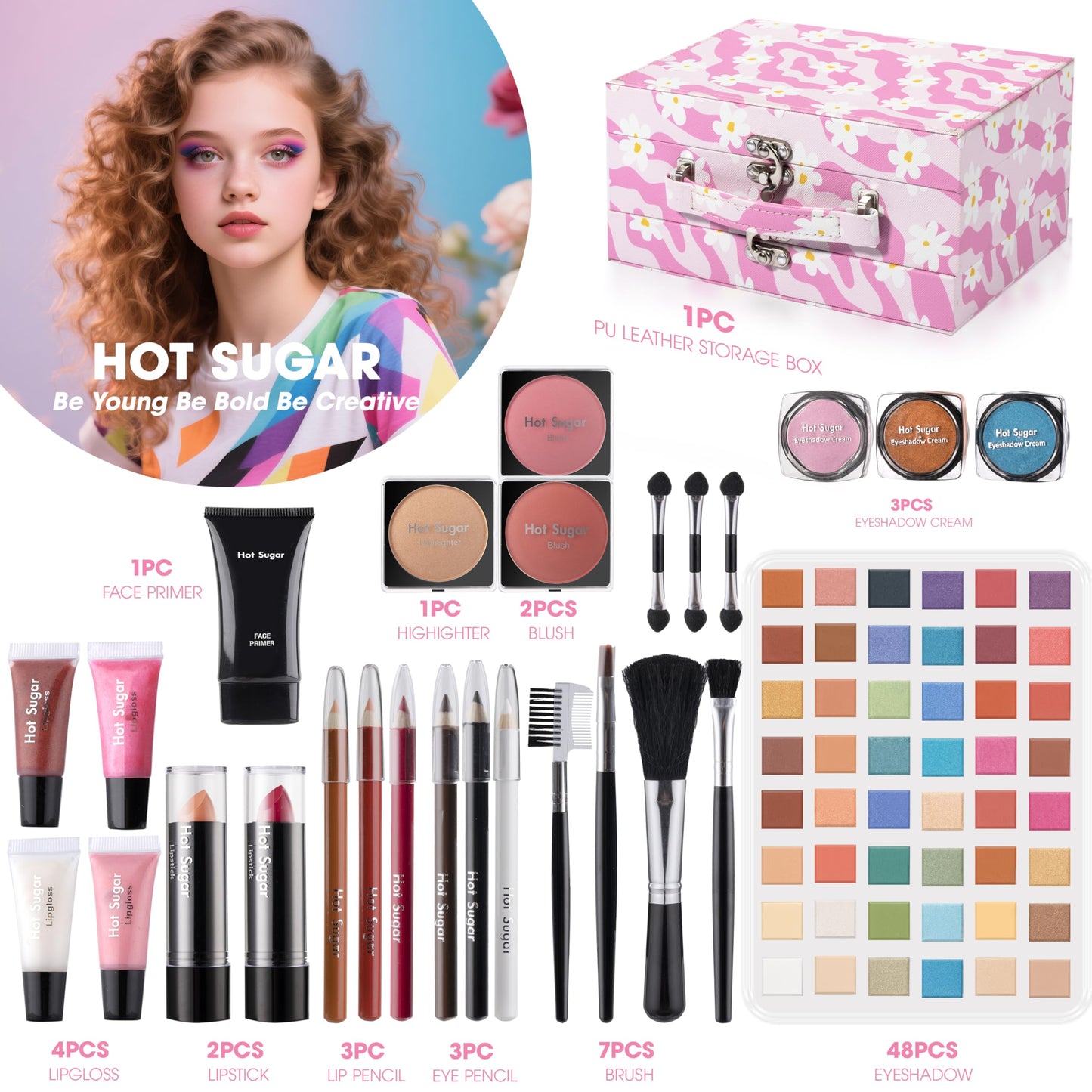 Hot Sugar Makeup Kit for Preteen Girls 10-12, Birthday Christmas Makeup Gift Set for Teens 16-18, All in One Beginner Makeup Kit for Women Full Kit (Floral Pink)