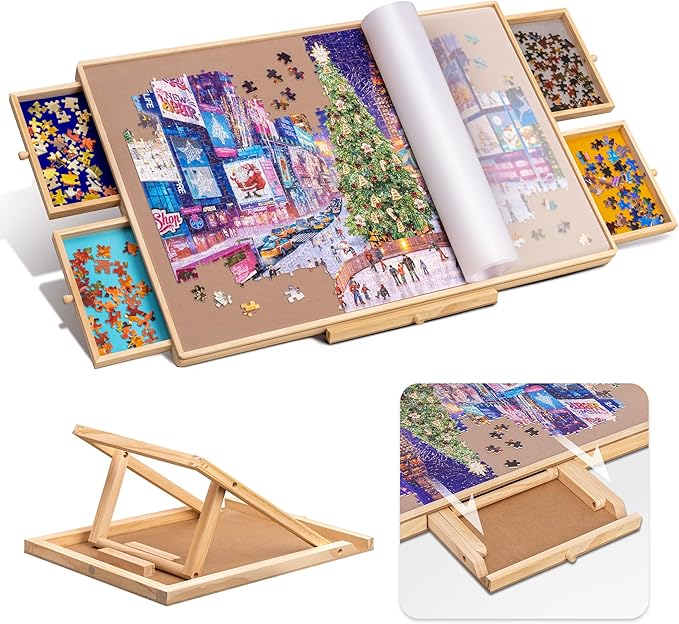 Tektalk Jigsaw Puzzle Table with Integrated Adjustable Stand/Bracket and Removable Cover, 3-Tilting-Angle Wooden Plateau P...