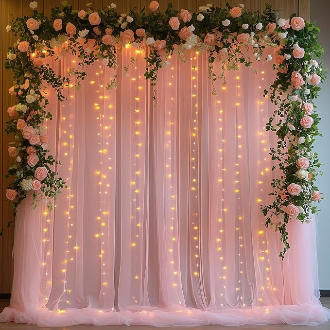 Patioman 10x10ft Pink Tulle Backdrop Curtain with String Lights, Wrinkle-Free Sheer Wedding Backdrop for Birthday Parties,...