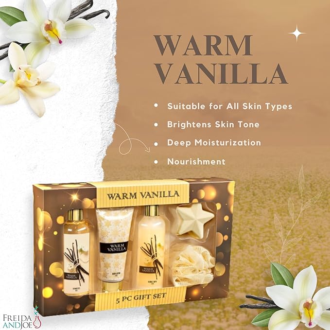 Freida & Joe Fragrance Bath & Body Collection Gift Box, Includes Shower Gel, Body Lotion, Body Scrub, Bath Bomb & Sponge (Warm Vanilla 2.0)