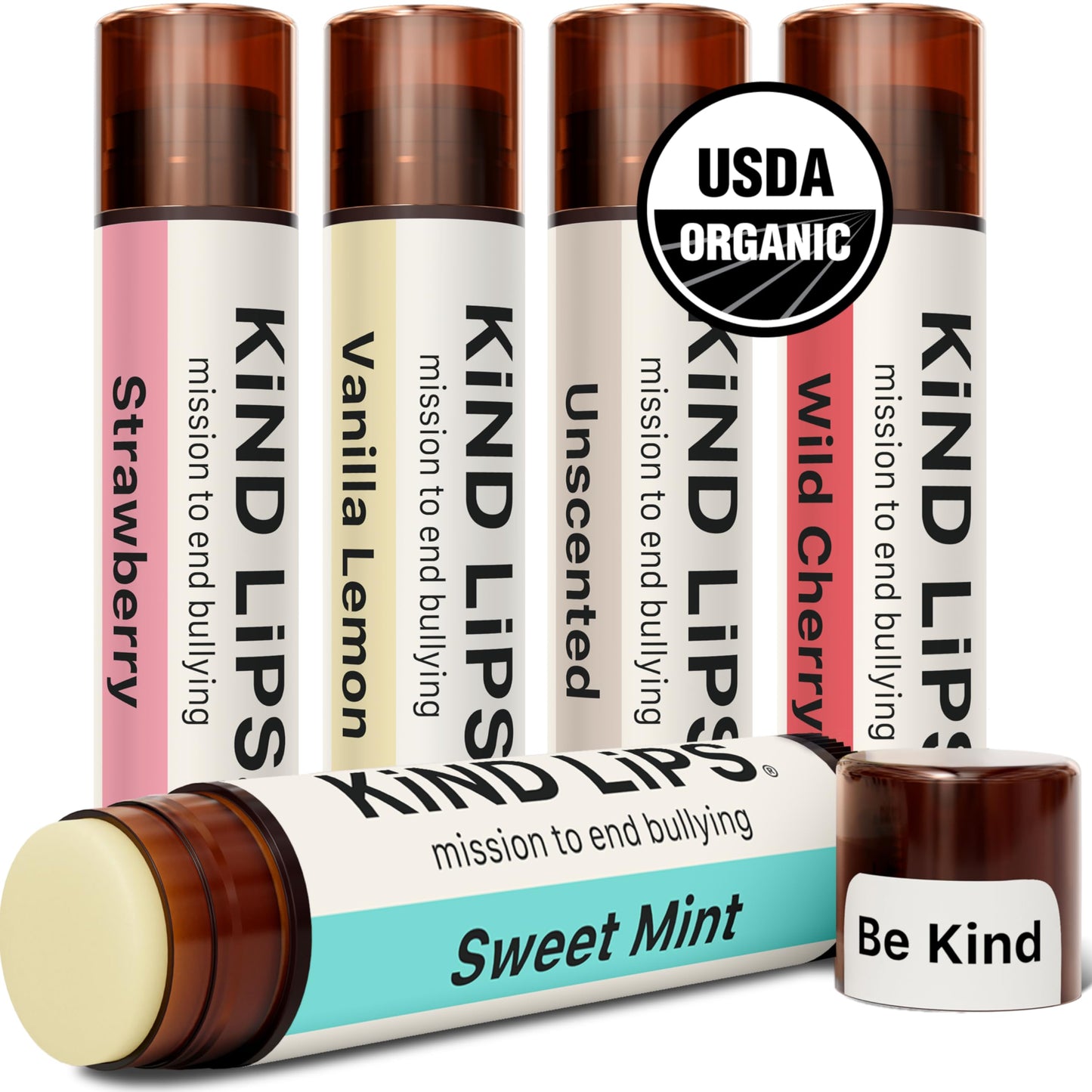 Kind Lips Organic Variety 5-Pack Lip Balm - Unscented, Sweet Mint, Wild Cherry, Vanilla Lemon & Strawberry - Natural, Gluten Fre