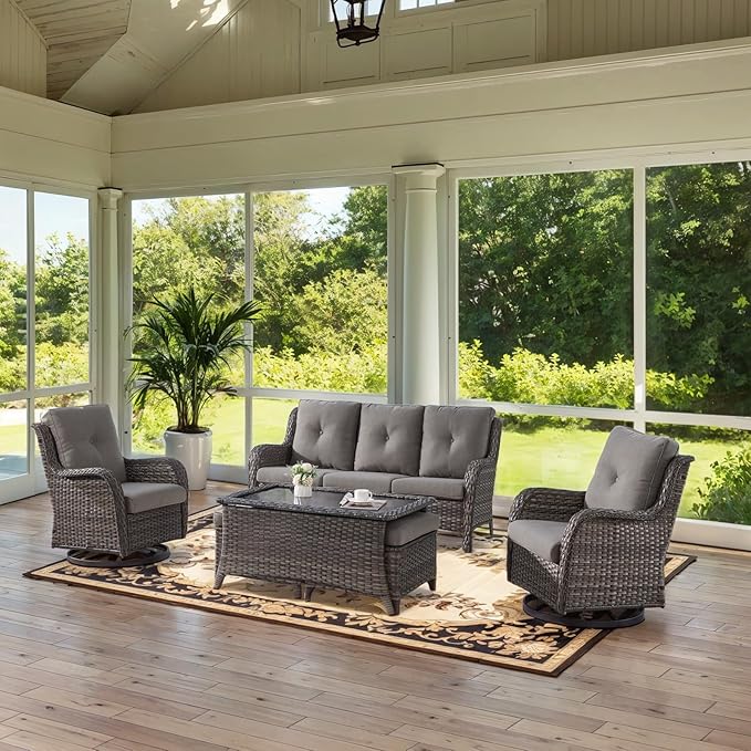 Belord Wicker Outdoor Furniture Patio Furniture Set - 6 Piece Patio Conversation Set with Swivel Rocker Chairs, Rattan Sofa, Ottomans and Coffee Table, Gray Cushion