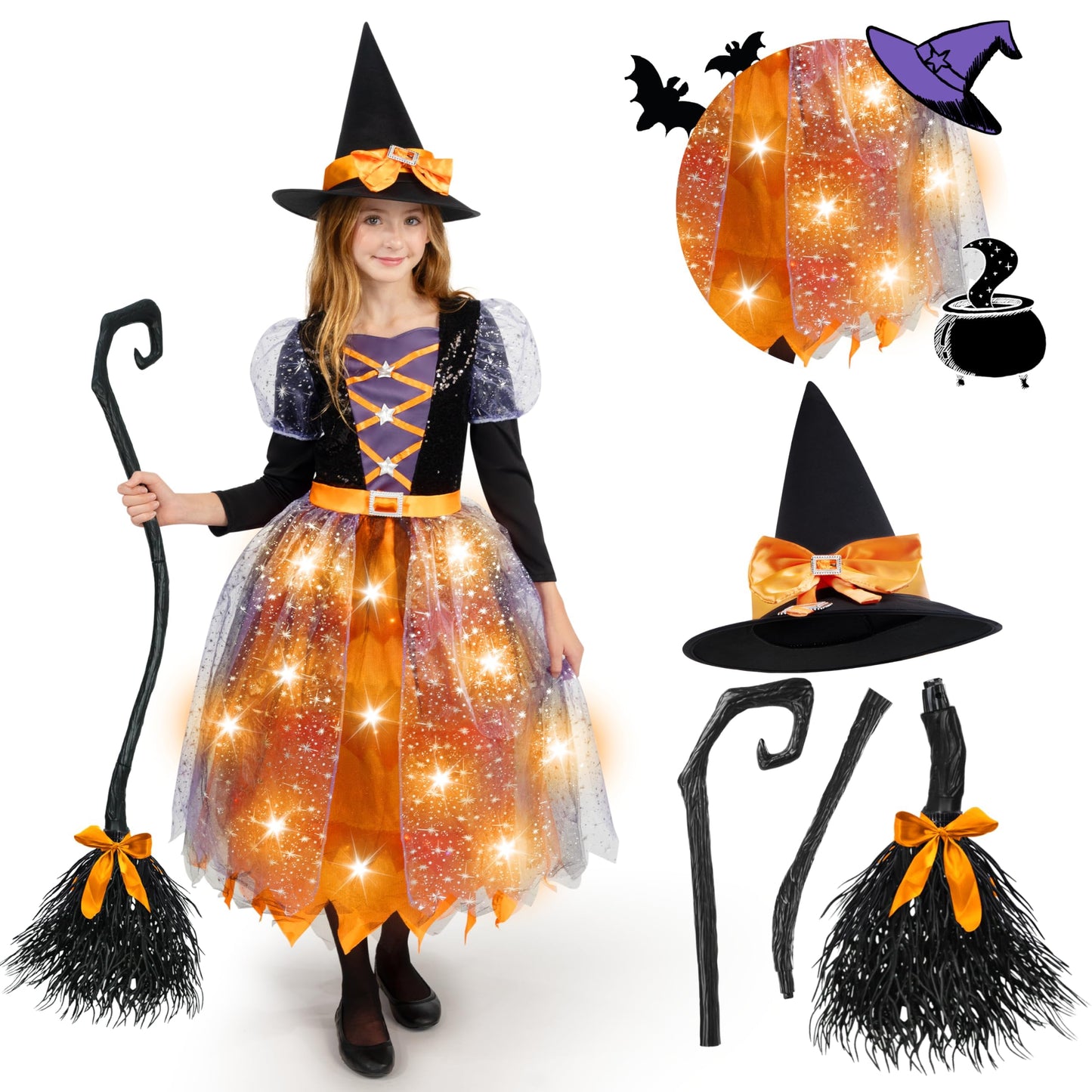 Spooktacular Creations Witch Costume Kids, Light Up Halloween Costumes Witch Dress with Hat and Broom for Girls, Sweet Wizard Set for Toddler Scary Halloween Themed Parties, Orange, M