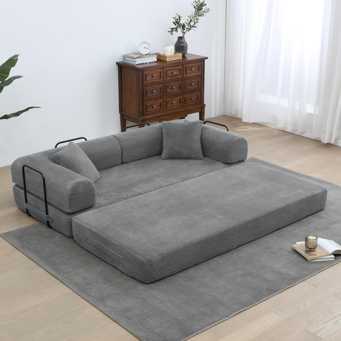 ZEIINPA Comfy Convertible Folding Mattress Couch, Floor Sofa Bed with Fixed-Shape Frame, Corduroy Floor Sofa with Armrest, Floor Sofa Lounge Couch for Living Room Bedroom Lounge Studio,Grey
