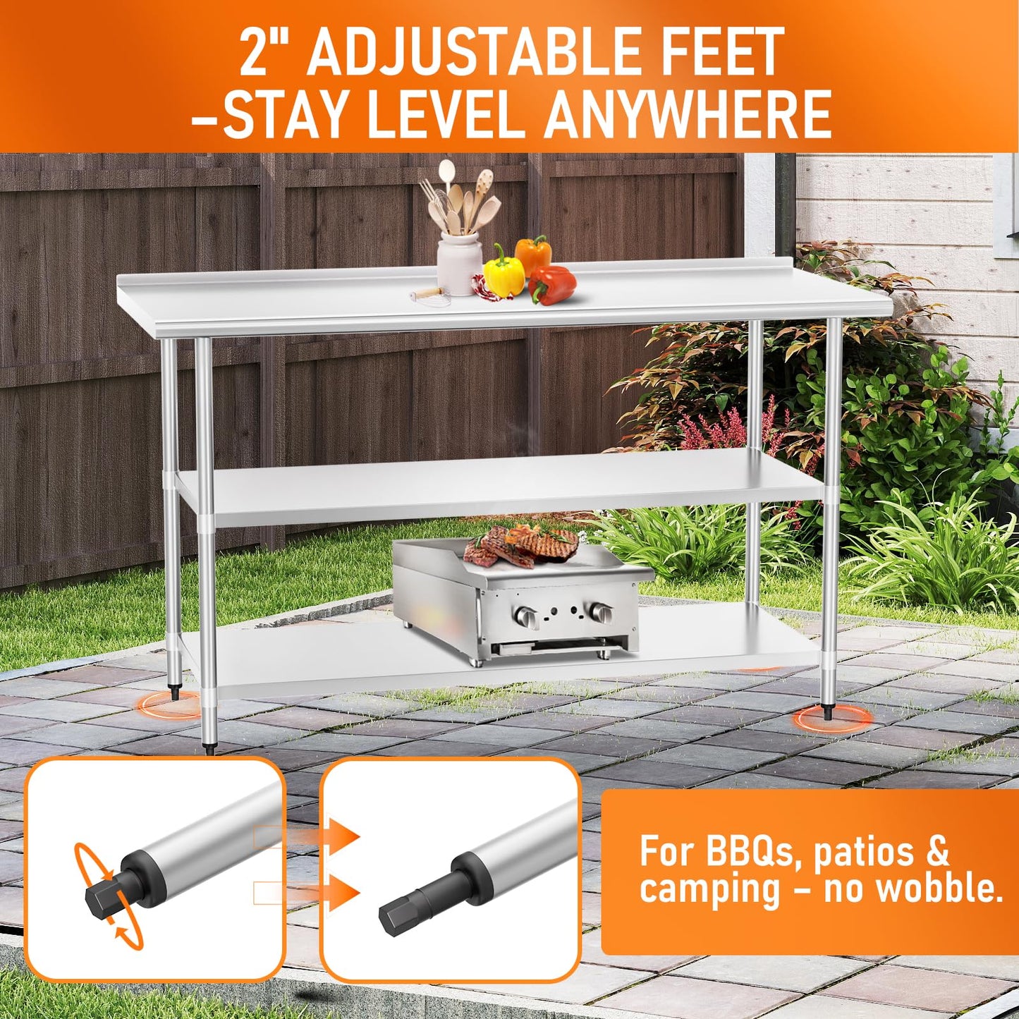 HOCCOT Stainless Steel Table 24" x 60" with 2 Adjustable Undershelves and Backsplash, Commercial Metal Workstations for Kitchen, Garage, Outdoor BBQ
