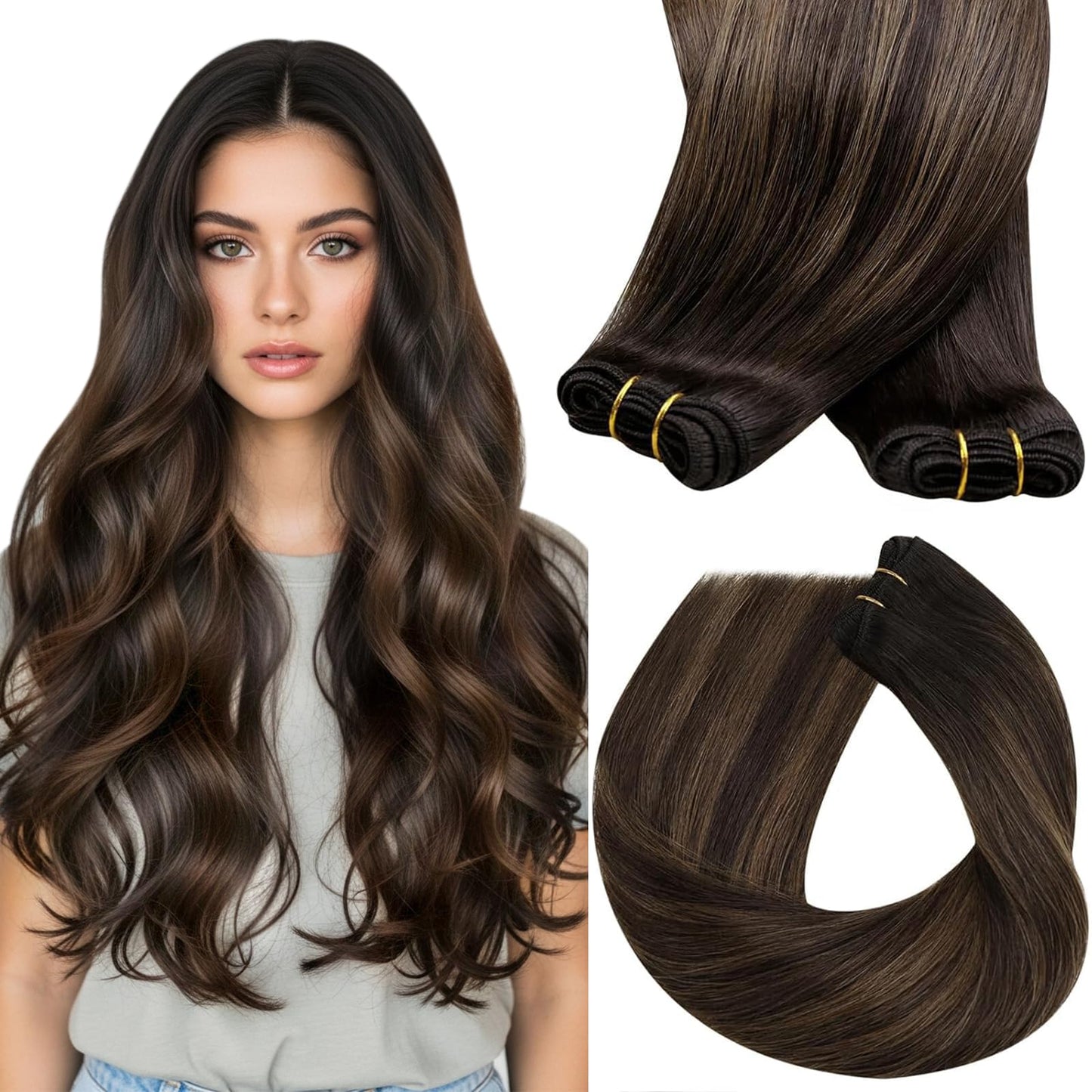 Sunny Hair Sew in Hair Extensions Real Human Hair 24inch 135g Weft Hair Extensions Human Hair Balayage Dark Brown Mix Light Brow