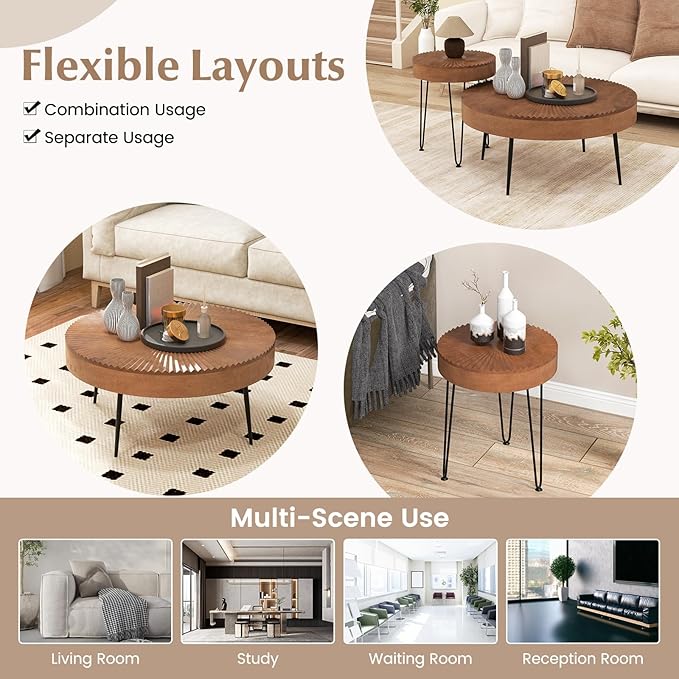 Giantex Boho Round Coffee Table Set of 2, Sofa Side Nesting Table with Solid Pine Wood Top, Metal Legs & Adjustable Foot Pads, 31.5" D Large Table Set for Living Room (Radial Pattern, Brown)