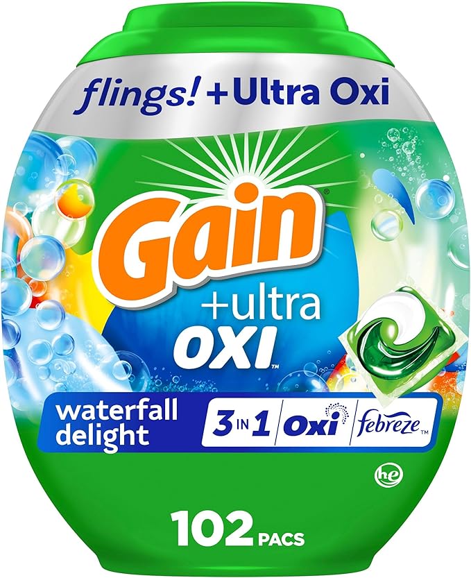 Gain Flings Ultra Oxi Laundry Detergent Pacs, 102 Count, Waterfall Delight Scent, with Odor Defense, concentrated laundry soap pacs