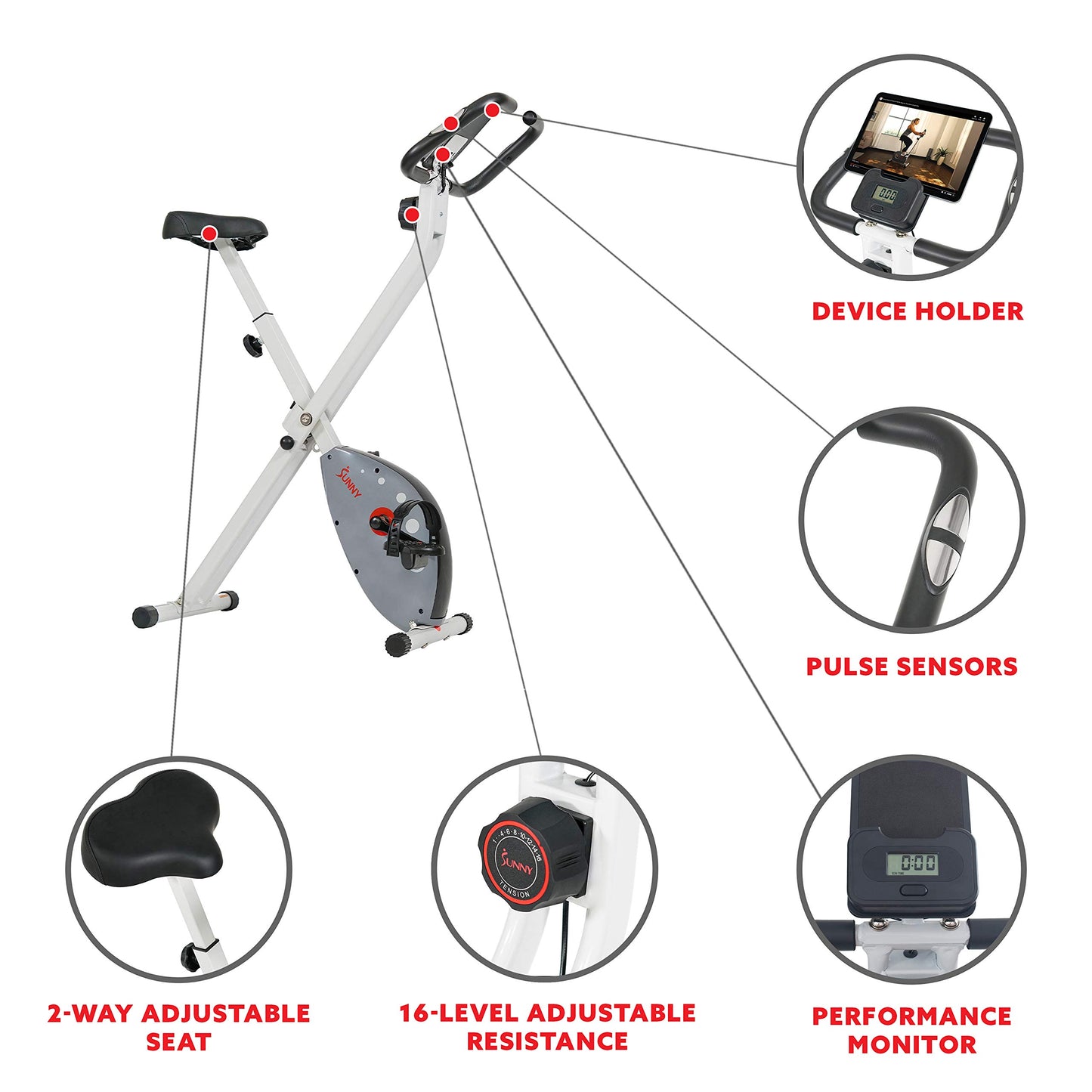 Sunny Health & Fitness Comfort XL Ultra Cushioned Seat Folding Exercise Bike with Device Holder, Gray - SF-B2989