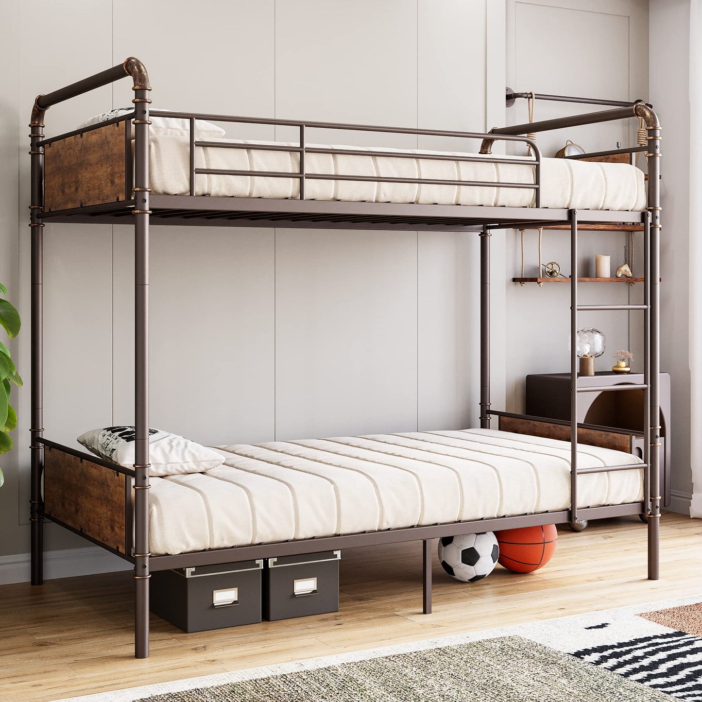 IDEALHOUSE Metal Bunk Bed Twin Over Twin, Twin Bunk Beds, Heavy Duty Twin Size Metal Bunk Bed with High Guardrail & Ladders, Convertible Bunk Beds for Kids Adults, No Box Spring Needed
