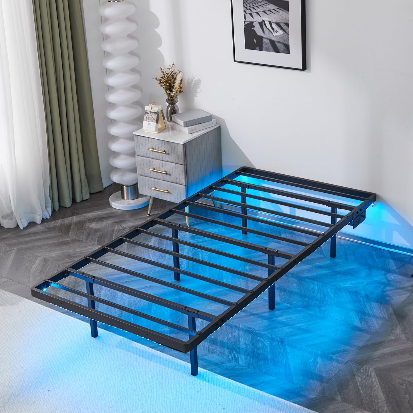 VINGLI Twin Floating Bed Frame with USB Charging Station/LED Lights, 14'' Platform Bed Frame Twin Size Heavy Duty Metal Bed, No Box Spring Needed,Black