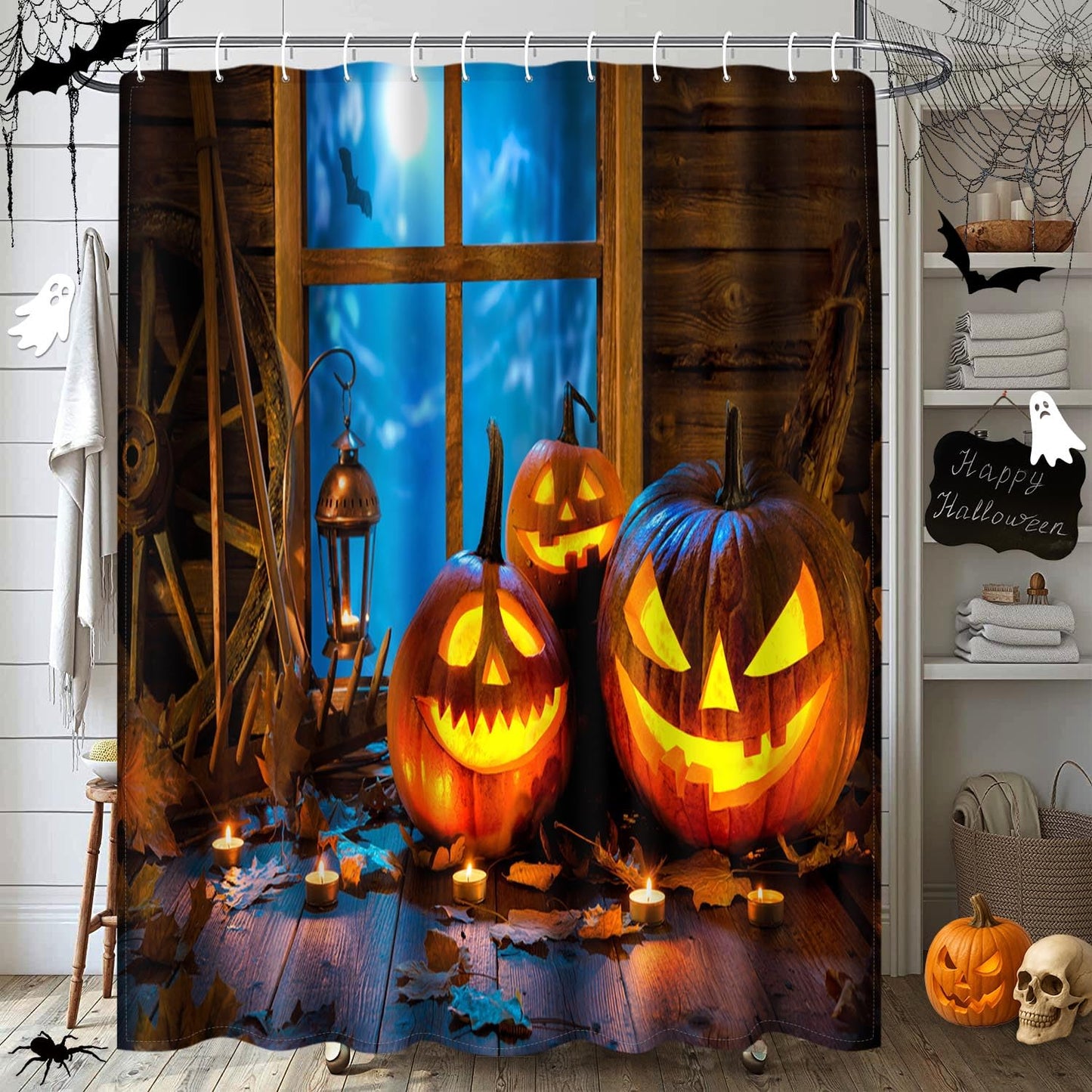 Arttown Halloween Night Bathroom Sets with Shower Curtain and Rugs and Accessories, Pumpkin Ghost Black Shower Curtain Sets, Spooky Shower Curtains for Bathroom, All Saints' Day Bathroom Decor 3 Pcs