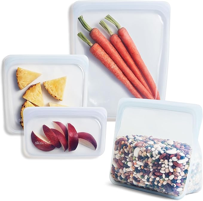 Stasher Silicone Reusable Storage Bags, 4-Pack, Reusable Freezer Bags, Microwave, Dishwasher, Oven Safe, Sous Vide, Premium Lunch Containers, Eco Friendly, Food Storage Bags, Snack Bags, Clear