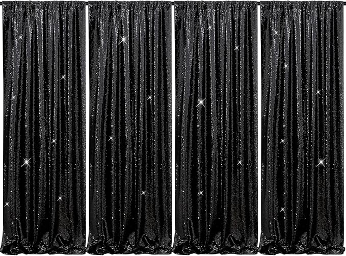 B-COOL Black Sequin Curtains Drapes 4 Panels Glitter Party Curtains 2FTx8FT for New Years Gothic Themed Party Birthday Sta...