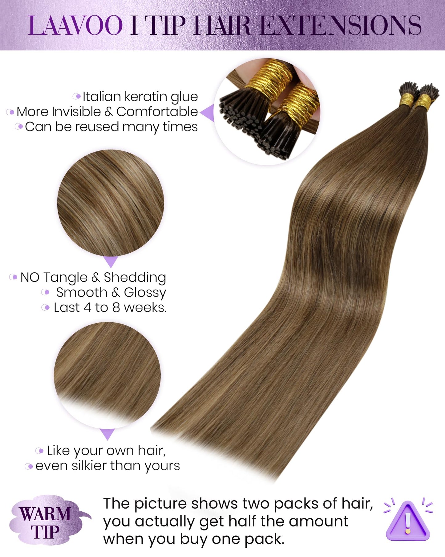 LaaVoo Itip Human Hair Extensions Balayage Brown I Tip Hair Extensions Medium Brown Ombre Light Brown to Golden Brown 18 50g 60s