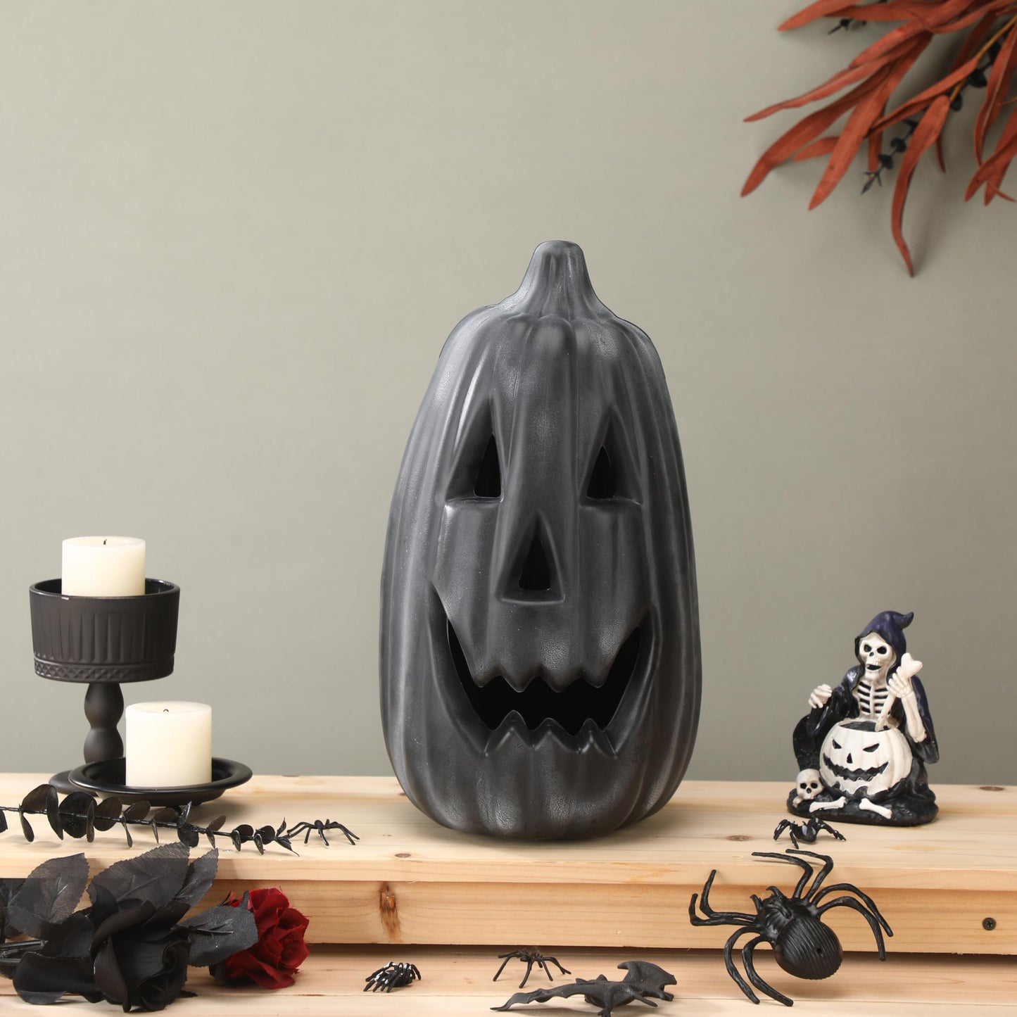 Jingmore 13.4 Inch Black Pumpkin Decoration Large Plastic Jack O' Lantern Reusable Carved Pumpkin Lantern for Thanksgiving Halloween Fall Indoor Outdoor Decor Party Centerpiece