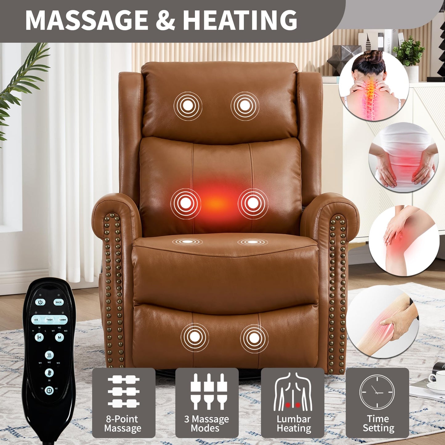 KEIKI Heat Massage Recliner Chair with Rocker & 360° Swivel, Manual Handle Reclining Lounge Chair with Lumbar Heat, Vibration Massage & Cushion Back for Living Room, Dark Yellow