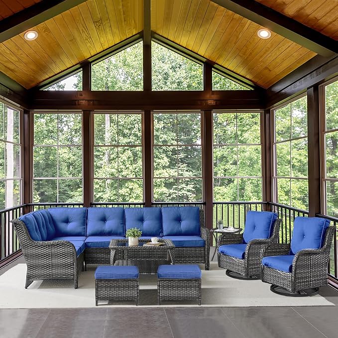 Belord Outdoor Furniture Sectional Sofa L Shaped Couch - Patio Wicker Set with 2 Swivel Glider Chairs, 8 Piece Rattan Patio Conversation Sets with Blue Cushion for Deck Backyard Sunroom