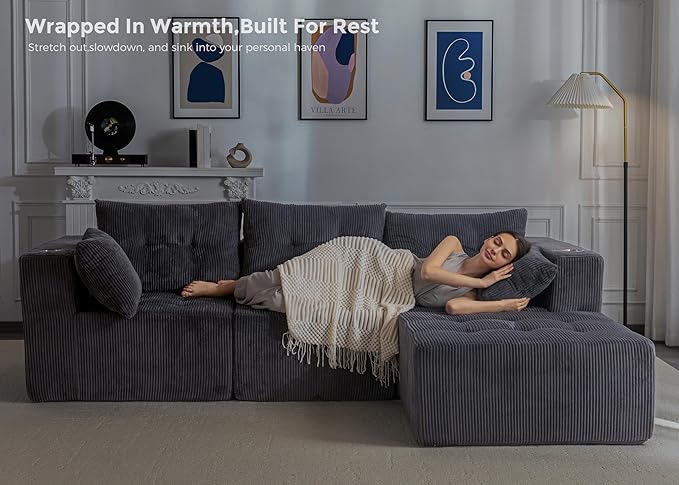 MAXYOYO Modular Sectional Sofa Couch, L Shaped Modern Cloud Couch with Ottoman, Sofa in A Box, Tufted 4-Seat Boneless Sleeper Chair for Living Room, No Assembly Required, Grey