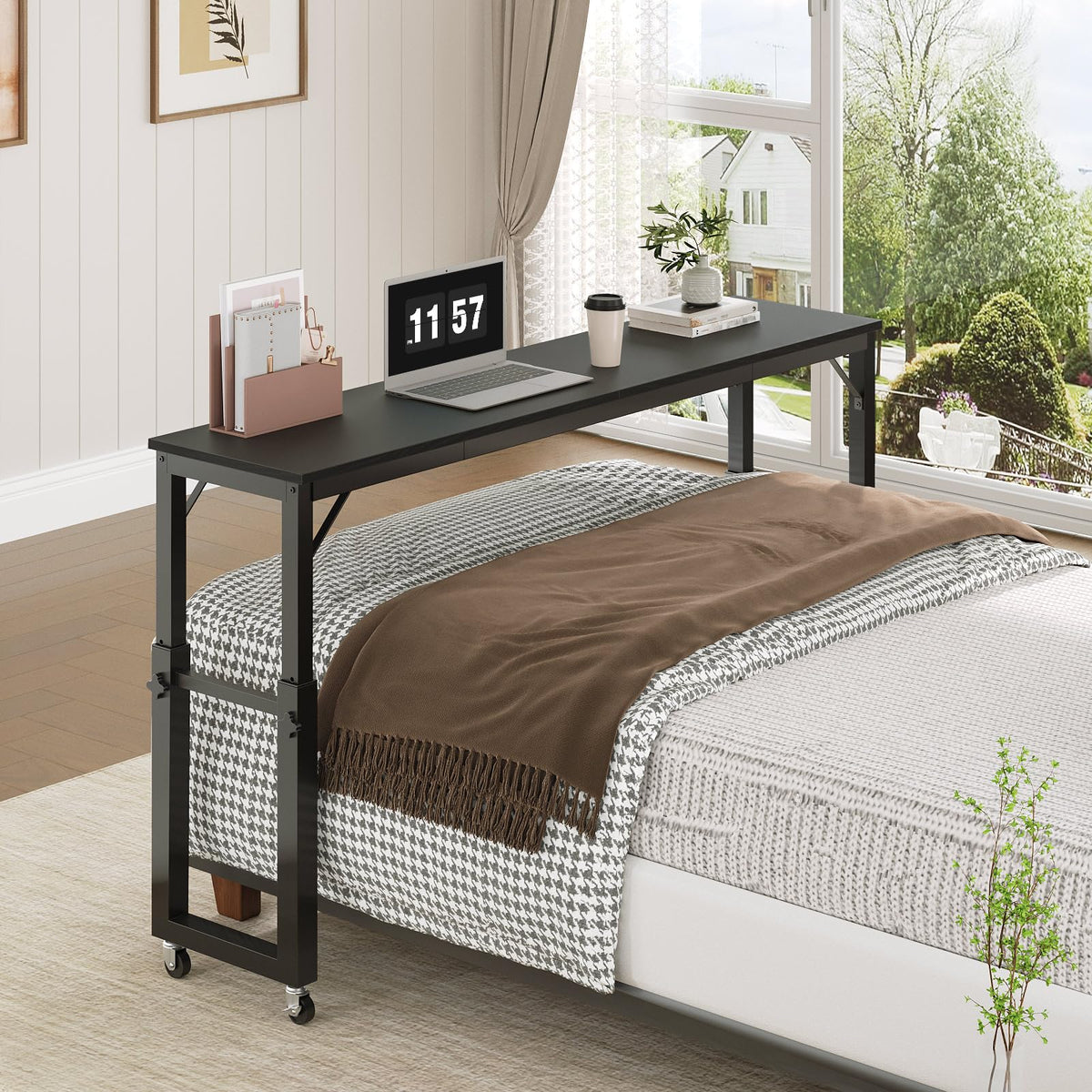 MAHANCRIS Overbed Table with Wheels, Queen Size Mobile Bed Desk with Adjustable Height, Rolling Table, Dining Table, Computer Desk, for Bedroom, Living Room, Office, Black MTBK18001