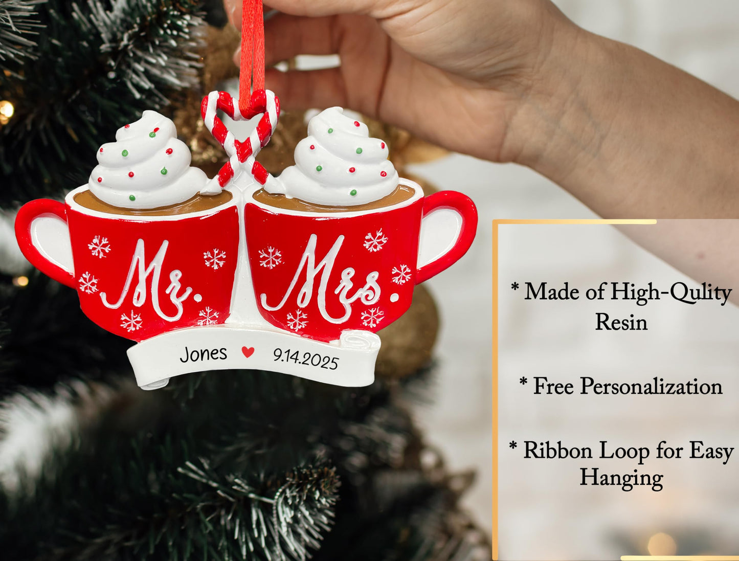 UniqXmas Personalized Our First Christmas as Mr and Mrs Ornament 2025 | Custom Hot Cocoa Mugs Wedding Xmas Tree Decor | Newlywed Couple Marriage 1st Year Married Keepsake Gift