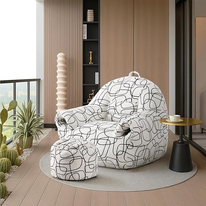 Peace nest Bean Bag Chair with Memory Foam Filled Ultra Soft Jacquard Pattern Cover for Adults Comfy Fur Bean Bag Chairs with Armrests Ottoman for Bedroom Living Room Office Dorm Reading Lines