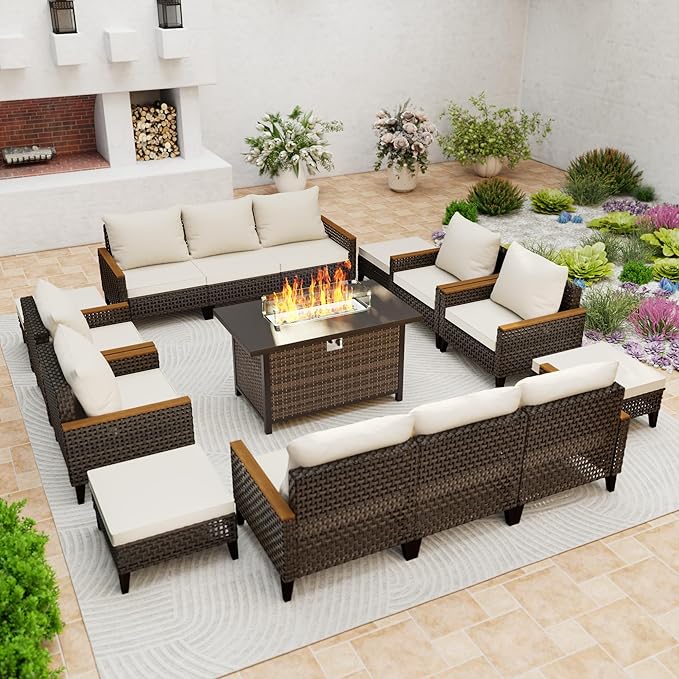 Xmkmvk 15 Piece Patio Sectional Sofa Set with 50000 BTU Fire Pit Table, All-Weather Wicker Rattan Outdoor Conversation Set, High Back, for Garden, Porch, Poolside, Beige