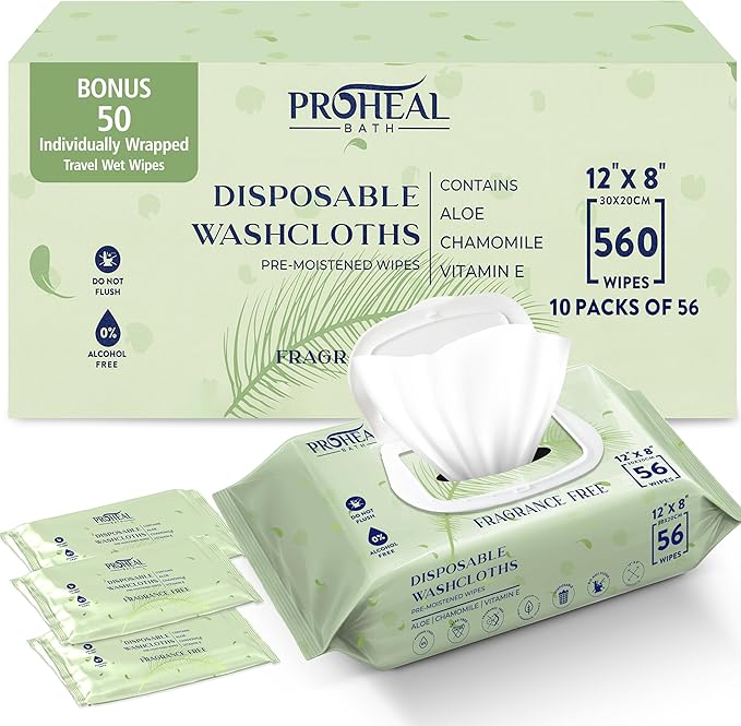 ProHeal Large Wet Wipes for Adults - Case of 10 and 50 Individually Wrapped 12""x8"" Disposable Body Wipes - Fragrance Free with Aloe, Chamomile, and Vitamin E - For Bathroom, Cleansing, and Travel