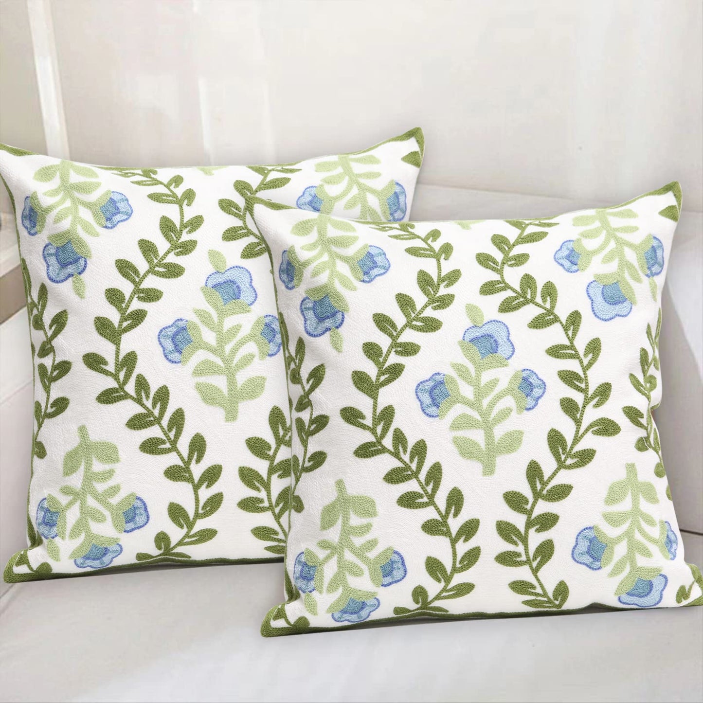 Pilmandu Set of 2 Embroidered Decorative Throw Pillow Covers Couch Square Pillowcases Cushion for Bedroom Sofa Farmhouse Decor 18x18 Inch (Blue Floral)