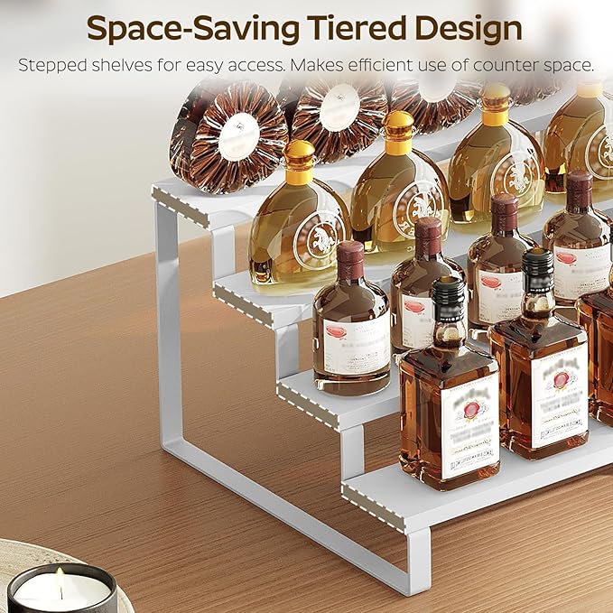 Spice Rack, Wooden Display Riser Stand, Set of 2, Perfume Organizer, Vanity Display Stand, Tiered Countertop Organizers, Space Saving, for Kitchen Spices, Syrup, Coffee Mugs, White SR04L2WW