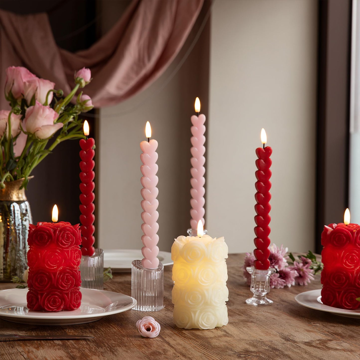 LUSHARBOR Rose Flameless Candles with Remote, Battery Operated Candles Rose Flower for Valentine's Day LED Pillar Candles Battery Powered for Mother’s Day & Weddings, Set of 2 Ivory