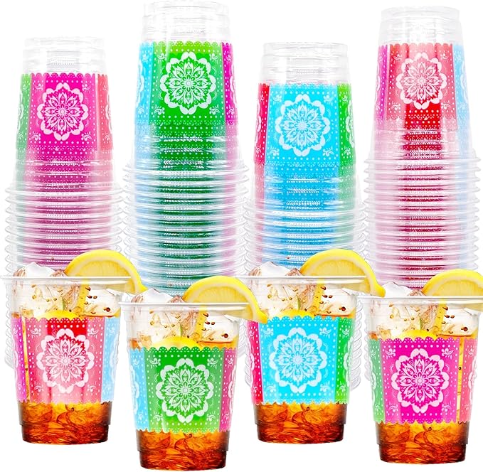 100 Count 12 oz Fiesta Plastic Cups Mexican Disposable Party Cups Cinco De Mayo Margarita Drinkware for Fiesta Cinco De Ma...