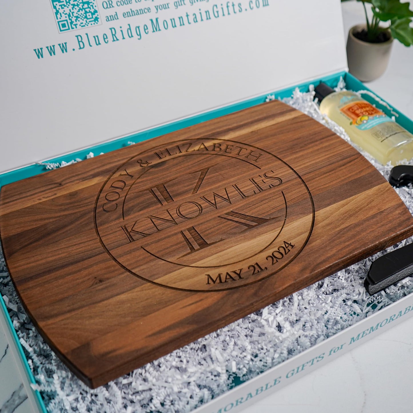 Blue Ridge Mountain Gifts - Personalized Wood Cutting Board with Gift Box, Stand, and Oil Included Laser Engraved Anniversary or Wedding Gift for Her Birthday Mom Dad Present