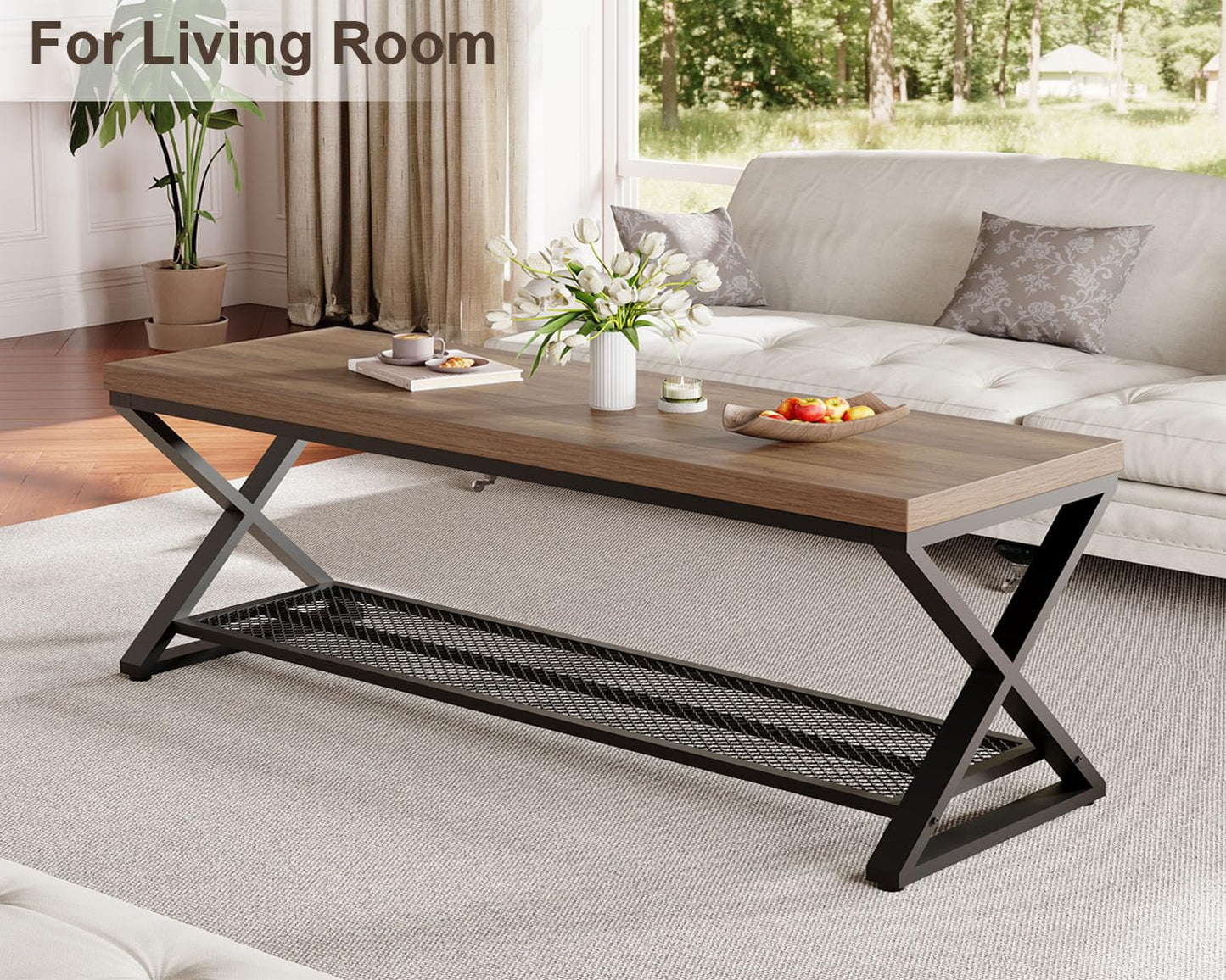 LVB Entryway Bench, Indoor Shoe Bench with Storage and Seating, Wood Metal Storage Bench for Bedroom Living Room, Farmhouse Shoe Rack Bench for Sitting in Hallway Foyer Entrance, Rustic Oak, 47 inch