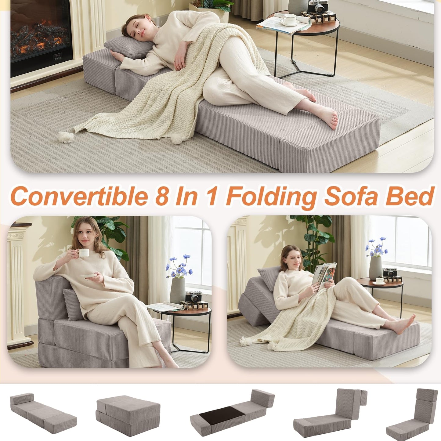 Estevo Folding Sofa Bed,Convertible Fold Out Couch,Portable Foldable Floor Mattress Sleeper Chair with Pillow,Adjustable Backrest Support,Lazy Sofa for Living Room,Single,Light Grey