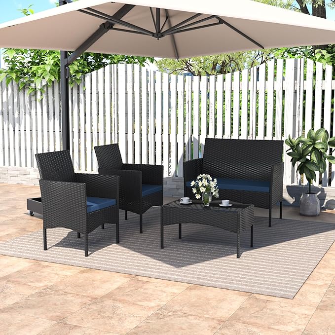 ASJMR 4 Piece Patio Rattan Conversation Set, Outdoor Rattan Chair Wicker Furniture Set, Couple Seats and Tempered Glass Table,Comfort Seat for Patio, Pool or Backyard