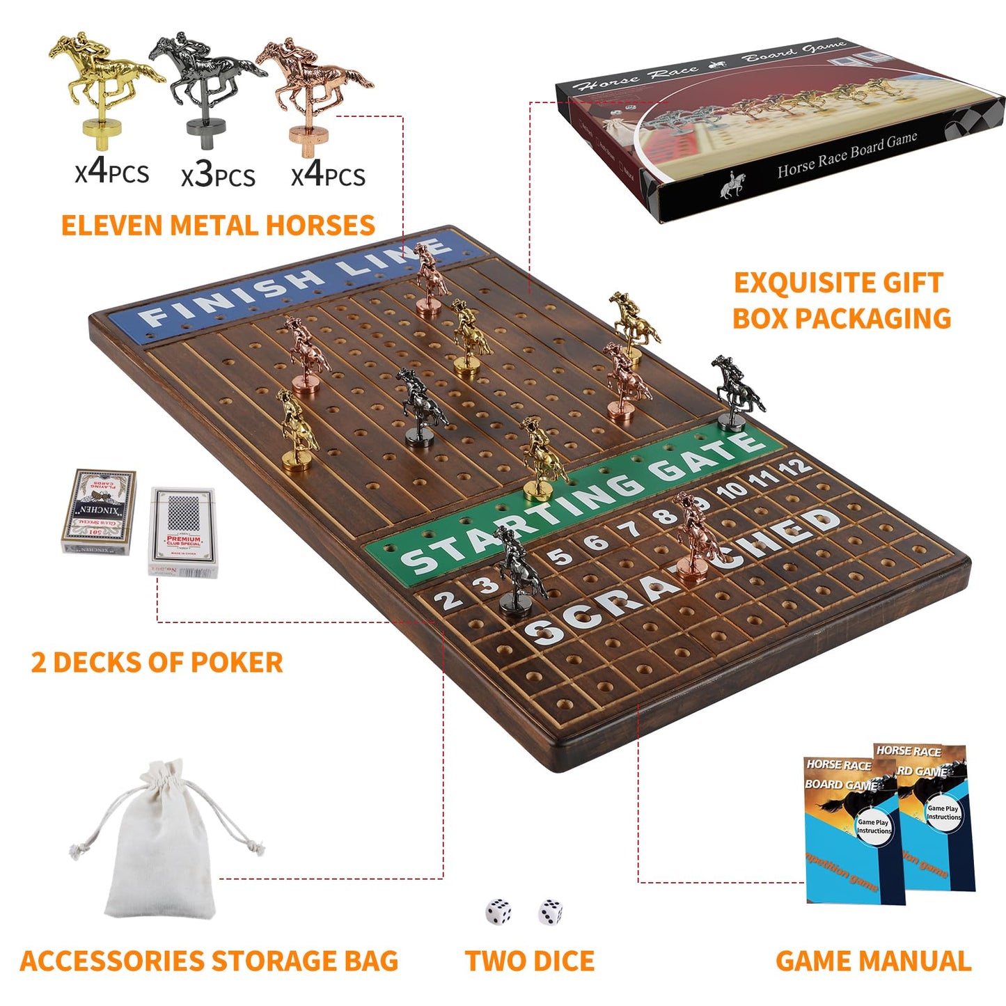 COMSREV Large 21 inches Horse Racing Board Game Thickened Solid Wood with 11 Luxurious Durable Classic Metal Horses Including Dice and Cards Finish LINE Race Game Set (Large, Burning)