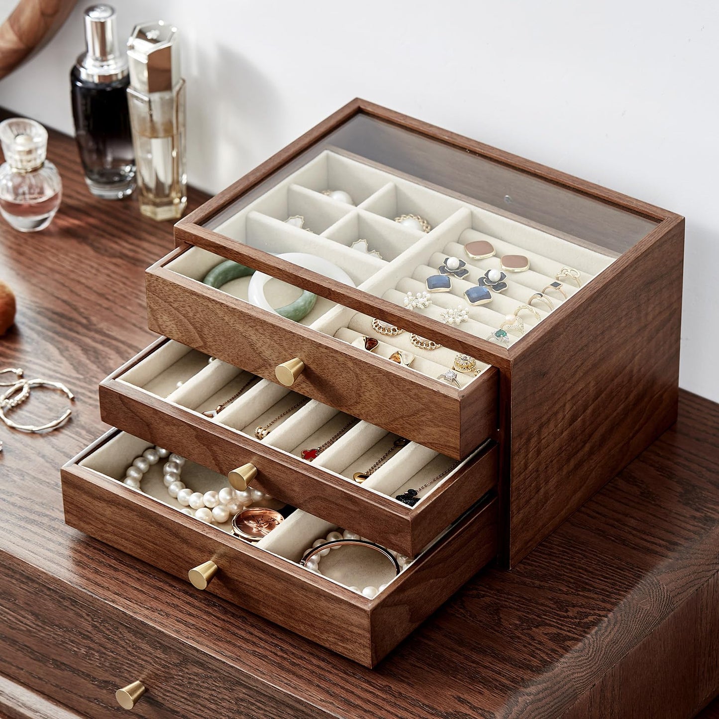 Homruilink Black Walnut Wooden Jewelry Box Women large 3 Layer Drawer Organizer Box with Glass Lid for Necklaces, Watch, Necklace, Ring, Earring Storage, Ideal Gift