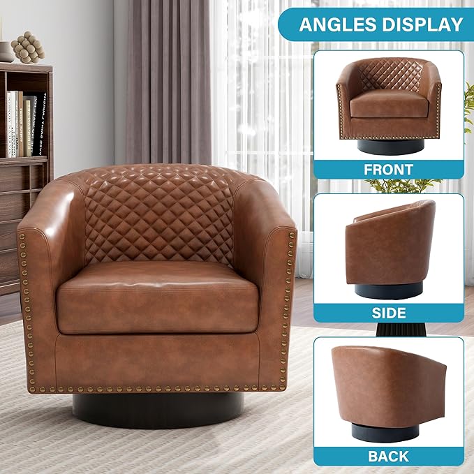 UIXE Faux Leather Swivel Accent Chair, Barrel Club Chair Modern Upholstered Armchair for Living Room, Comfy Single Sofa Bedroom Side Reading Seat - Brown