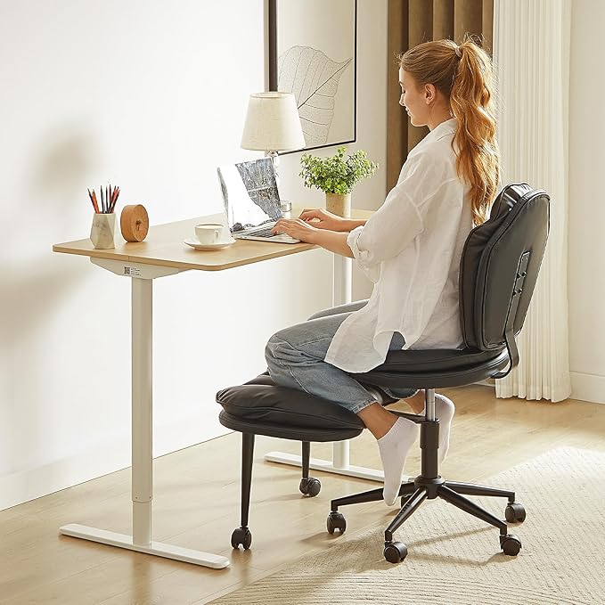 Ergonomic Cross Legged Office Chair for ADHD, Kneeling Chair with 360° Swivel Wheels and Reversible Seating for Meditation, Adjustable Height and Seat Deapth, Teddy Fabric, Black