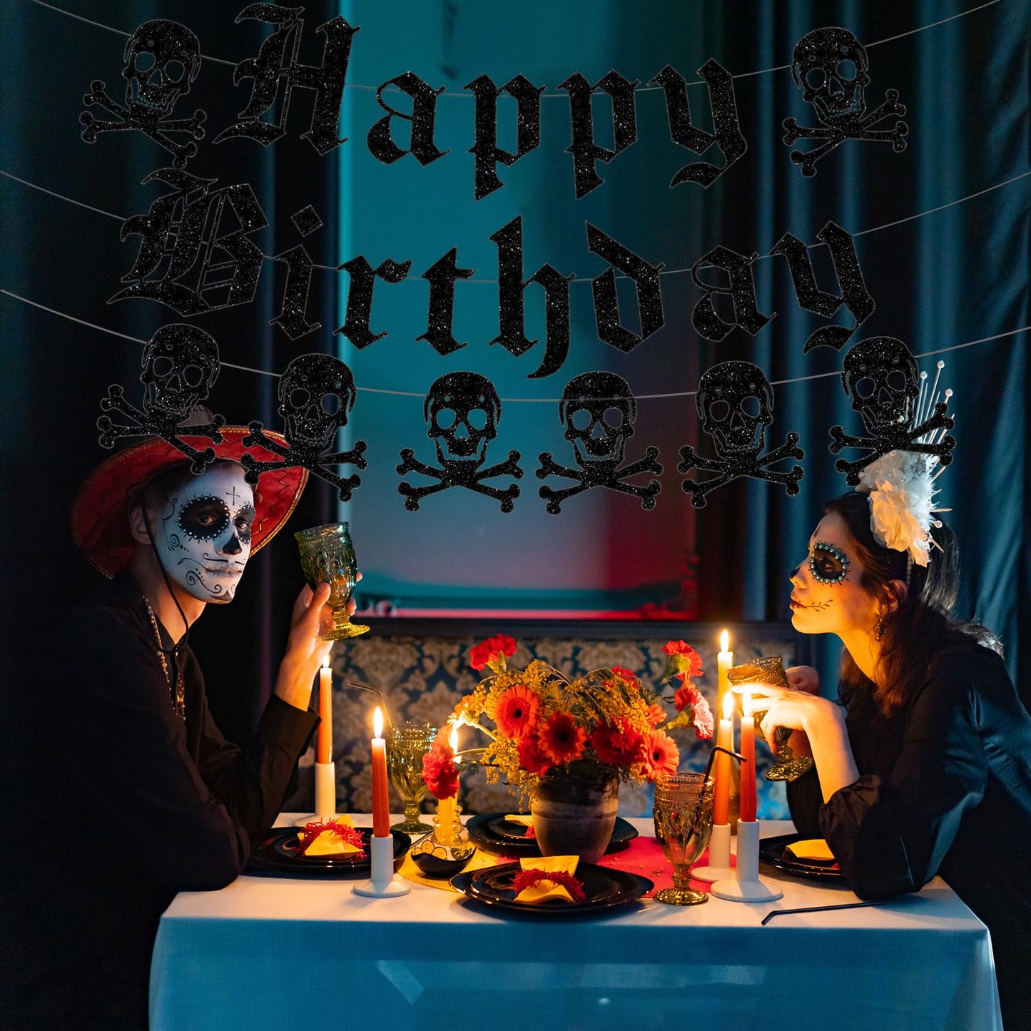 Gothic Happy Birthday Banner Black Glitter Old English Skull Garland Funny Funeral Birthday Banner for Scream Party,20th 30th 40th Birthday,Gothic Birthday Decorations,Halloween Party