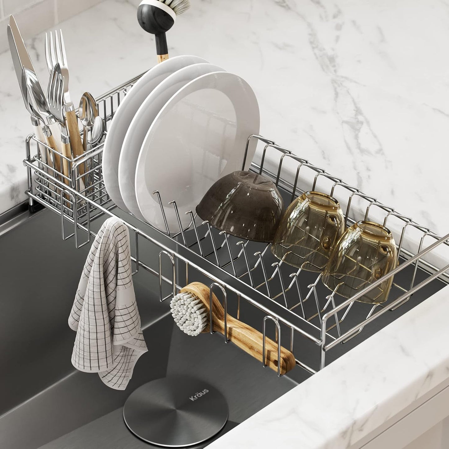 Kraus Workstation Kitchen Sink Dish Drying Rack Drainer and Utensil Holder, 17" L x 9" W, Stainless Steel, KDR-3