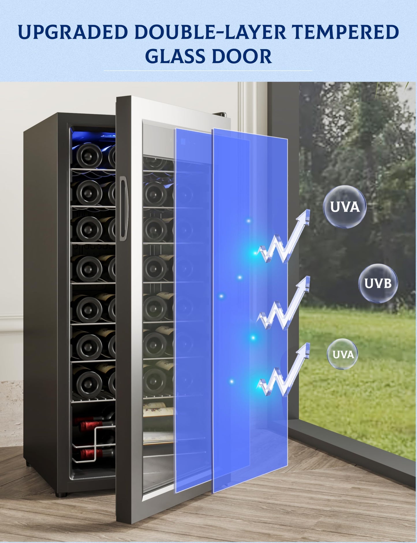 GarveeHome Wine Fridge, Compressor Wine Cooler Refrigerator, Beverage and Wine Refrigerator with Digital Touch Control, Double-Layer Glass Door, Freestanding or Built-In, 32 Bottles