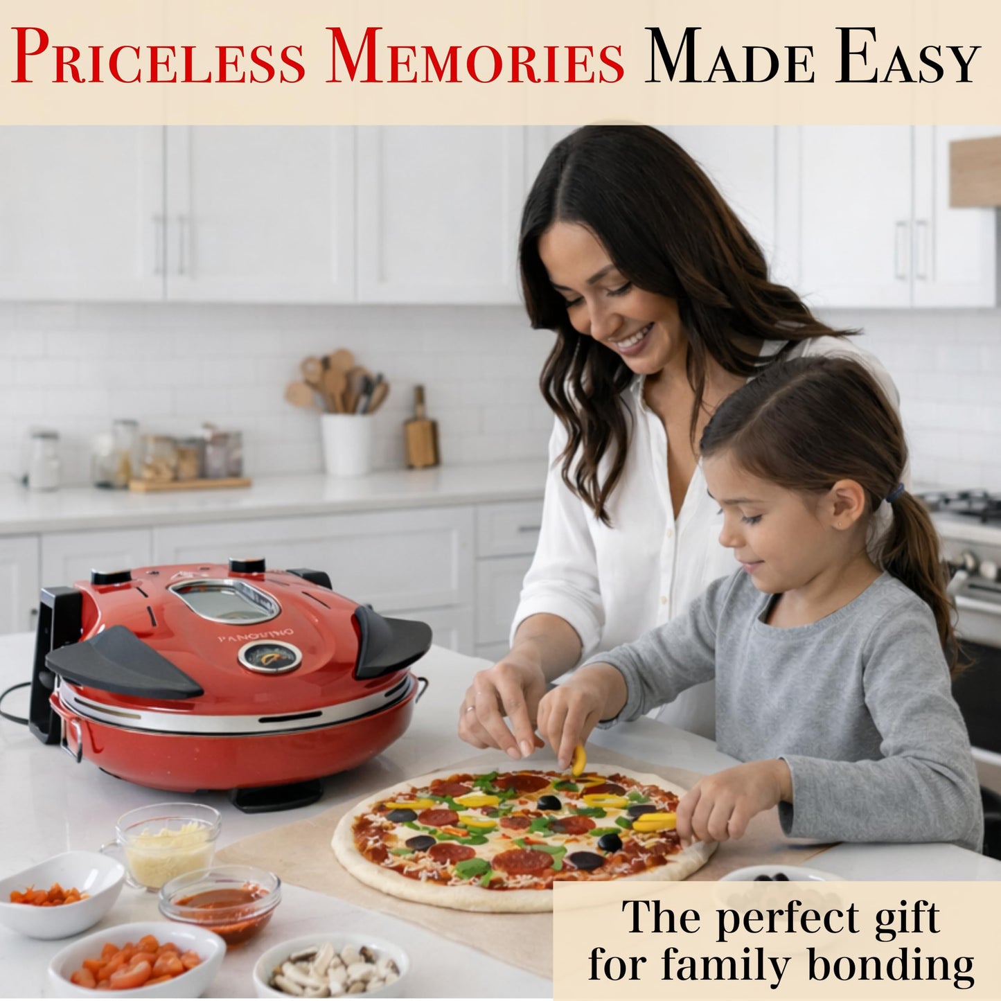 PANOVINO Electric Indoor Pizza Oven | 800°F Countertop Pizza Cooker with 12" Ceramic Stone and Dual Temp Controls | Perfect for Quick Cooking Homemade Pizzas | Compact Design for Kitchen Use, Red