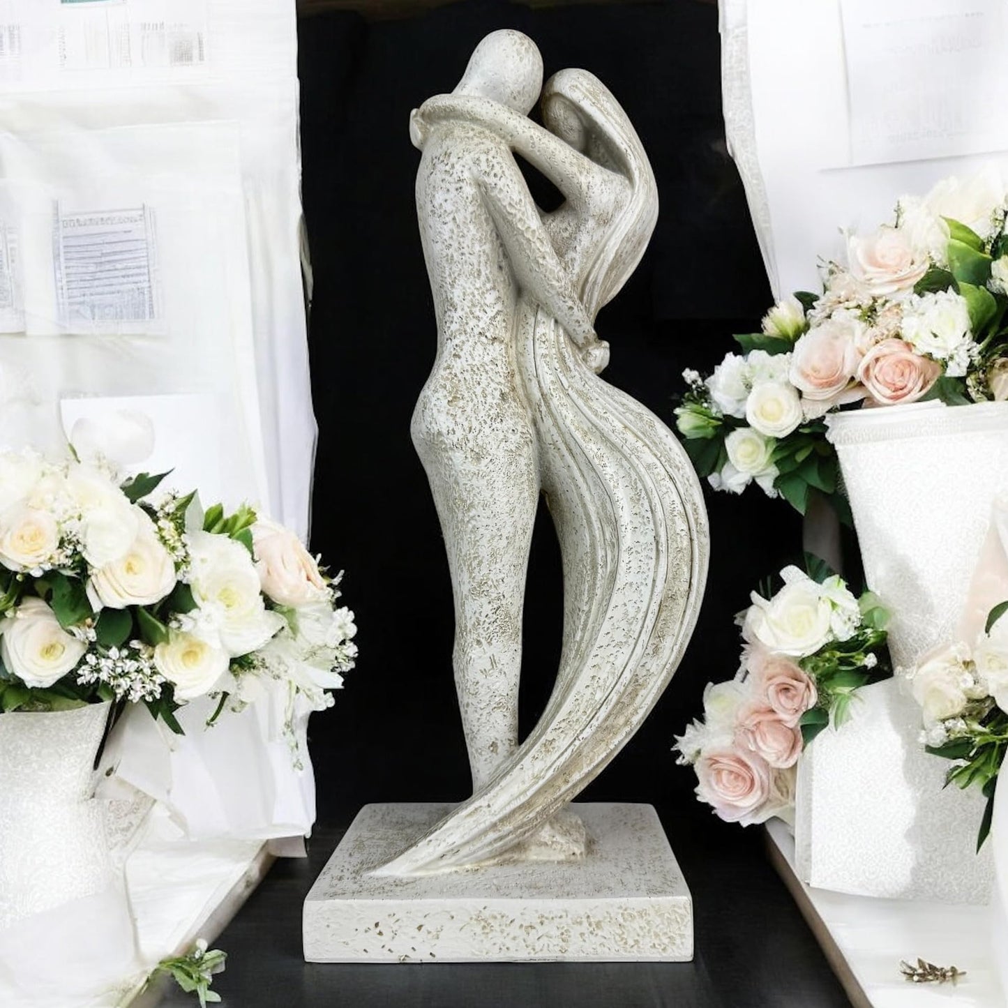 Top Brass Eternal Embrace Romantic Couple Sculpture – 12 1/2” Resin Lovers Statue (Graphite Kiss & Moon-wash Limestone) – Modern Home Décor Wedding Anniversary Love Art (Moon-wash Limestone)