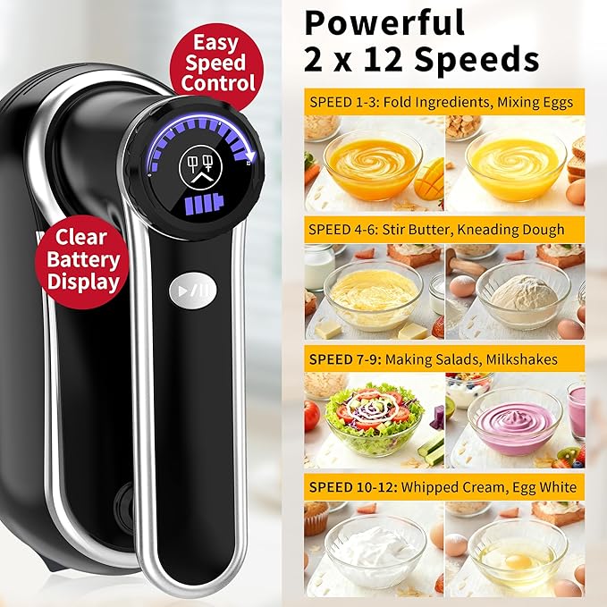 Cordless Hand Mixer, 12-Speed Rechargeable Electric Handheld Mixer with 6 x 304 Stainless Steel Attachments (2 Whisks, 2 Beaters, 2 Dough Hooks) & Storage Case, for Baking, Eggs, Cakes (Black)